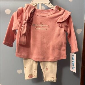 Carter's Pink Ruffle Top and Cream Printed Pants Set